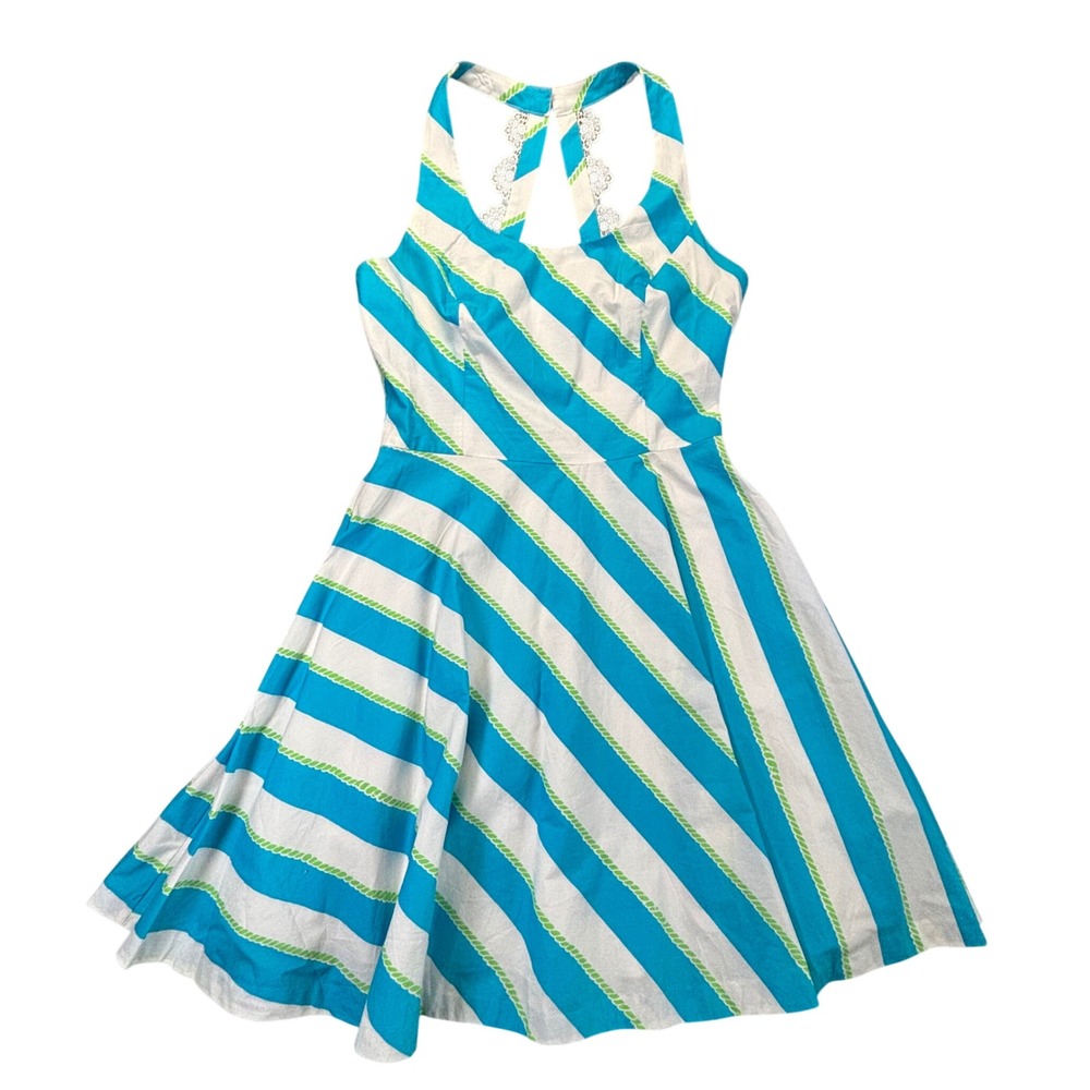 Lilly Pulitzer Zo Dress Women 8 Blue White Striped Make A Splash Lace Fit Flare